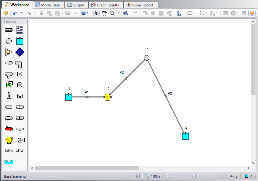 The Workspace for the Pipeline Problem with 2 reservoirs, a pump, a branch, and 3 pipes.